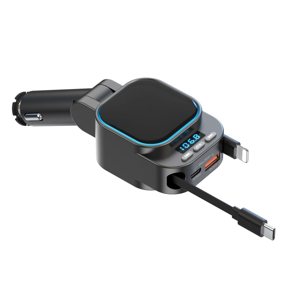 DSI - Retractable Car Charger 96W with Bluetooth Car Adapter, 4 in 1 Fast Charging, Radio Bluetooth 5.3 FM Transmitter, Handsfree Calling, USB C Phone car Charger Adapter for iPhone 16 15 14 13 12