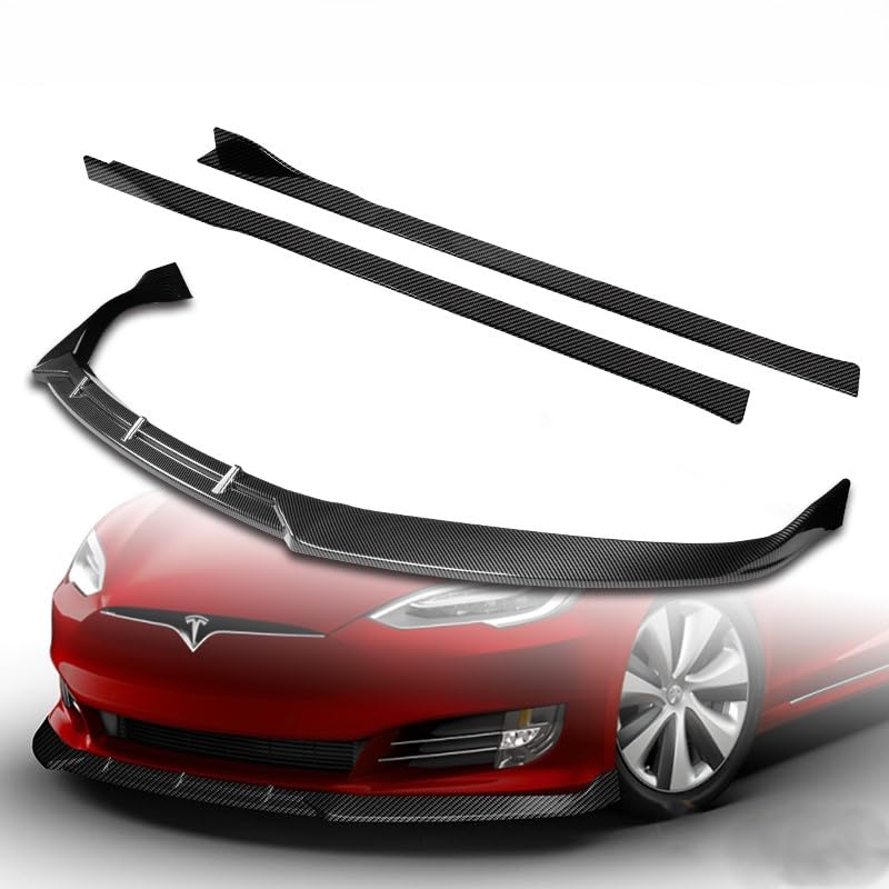 DSI - 9pcs Combo Front Bumper Body Kit Lip + Side Skirt Extensions Diffuser Compatible with 2016-2020 Tesla Model S 2017 2018 2019 (Painted Carbon)