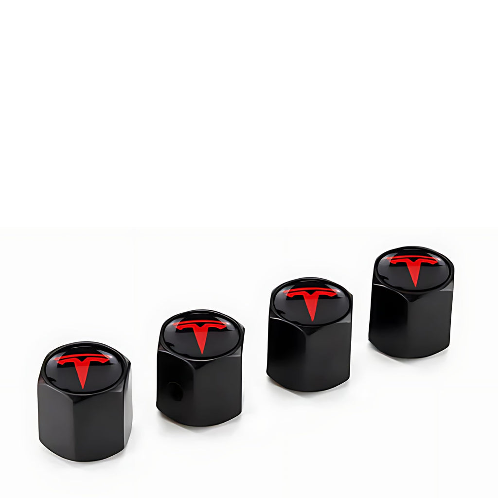 DSI - Red Tire Valve Stem Caps for Tesla Model 3, S, X, Y | Leakproof Aluminum Tire Valve Caps with Rubber O-Rings Compatible with Tesla Car Accessories | Tire Valve Stem Covers Tire Caps 4 Pack