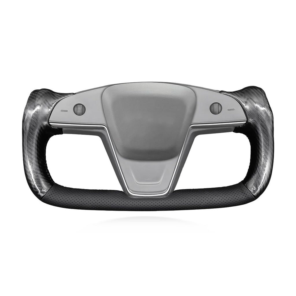 DSI - Hand Stitch Black Genuine Leather Shiny Yoke Carbon Fiber Steering Wheel Cover Wrap for Tesla Model S Yoke Model X - (wrap only)