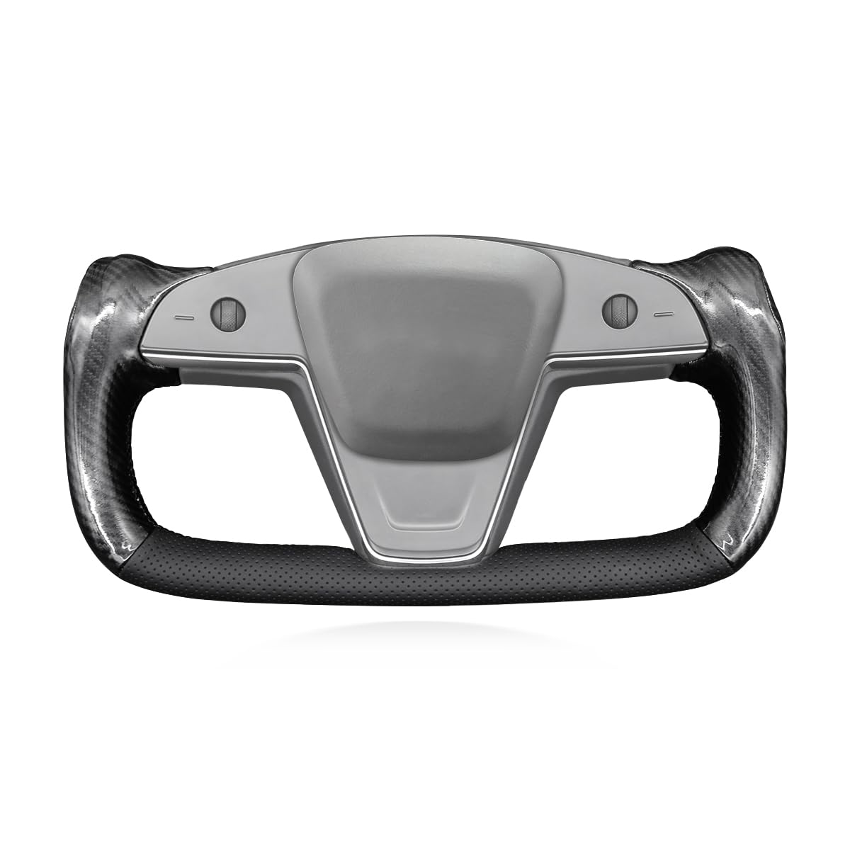 DSI - Hand Stitch Black Genuine Leather Shiny Yoke Carbon Fiber Steering Wheel Cover Wrap for Tesla Model S Yoke Model X - (wrap only)