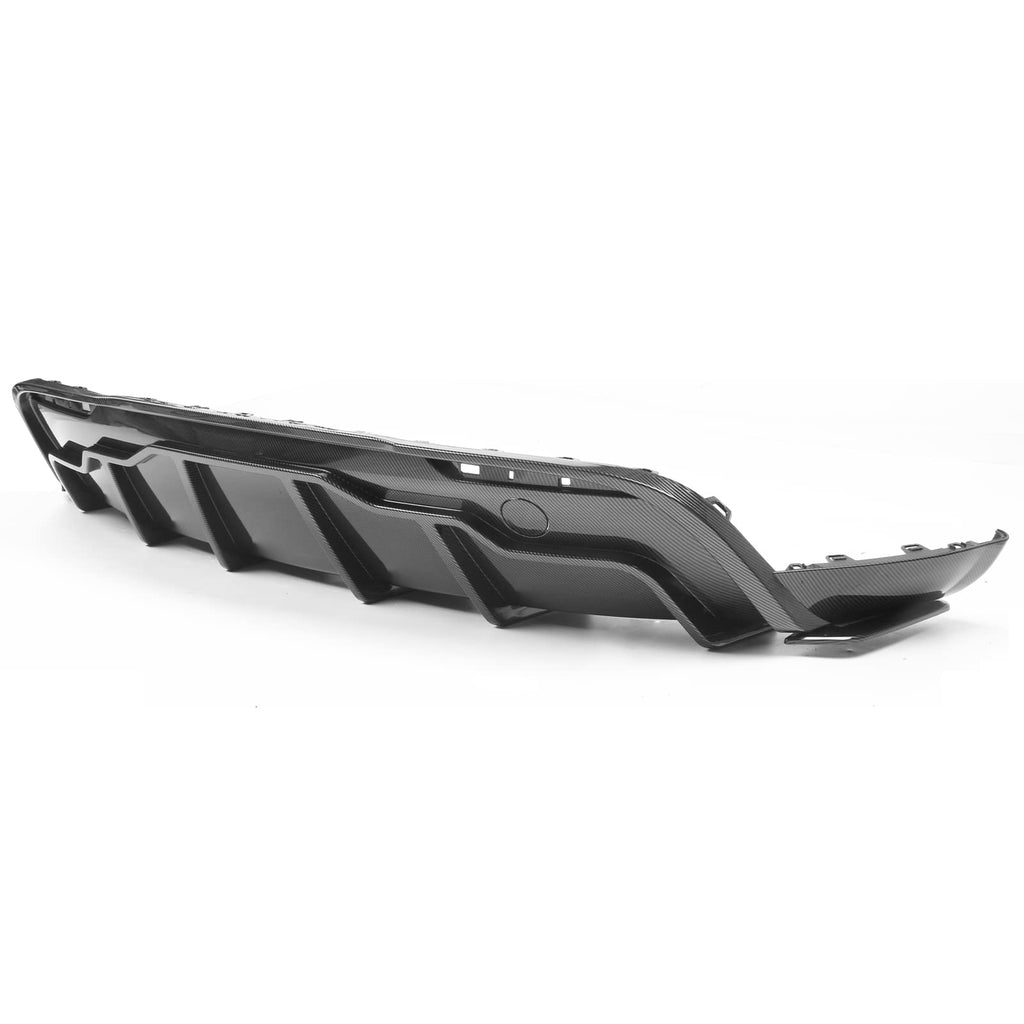 IKON MOTORSPORTS, Rear Diffuser Compatible with 2020-2024 Tesla Model Y, Carbon Fiber Print IKON Style PP Rear Bumper Lip Shark Fin Splitter Replacement 3PC, 2021