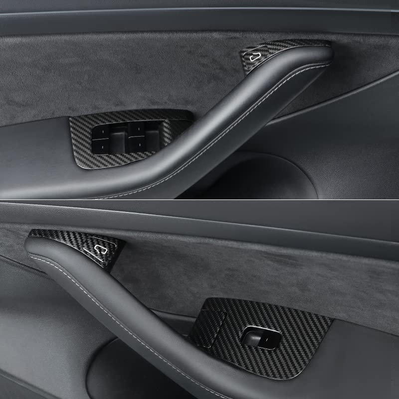 DSI - COMPLETE INTERIOR KIT - 14pcs Carbon Fiber Car Window Glass Lift Button Trim Switch Cover for Tesla Model 3 (2021-2023) Model Y (2021-2024) Door Armrest Panel Cover(for New Model 3/Y, Matte Black)