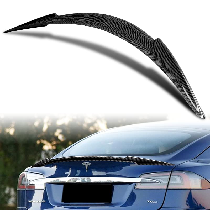 DSI - Real Carbon Fiber Trunk Spoiler Wing Lip kit Rear V-Style Fit for 2012 2013 2014 2015 2016 2017 2018 2019 2020 2021 2022 Tesla Model S, Car Mods Accessories Replacement, (2-SPC-7406-CF)