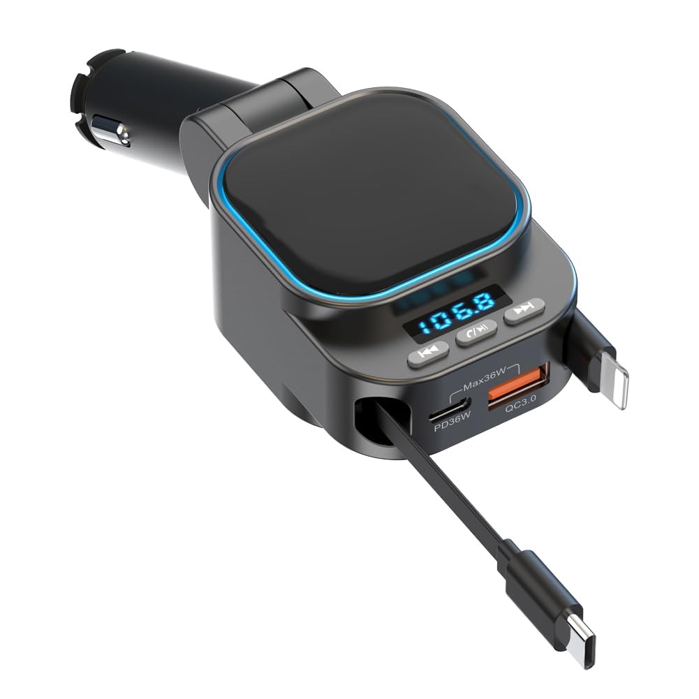 DSI - Retractable Car Charger 96W with Bluetooth Car Adapter, 4 in 1 Fast Charging, Radio Bluetooth 5.3 FM Transmitter, Handsfree Calling, USB C Phone car Charger Adapter for iPhone 16 15 14 13 12