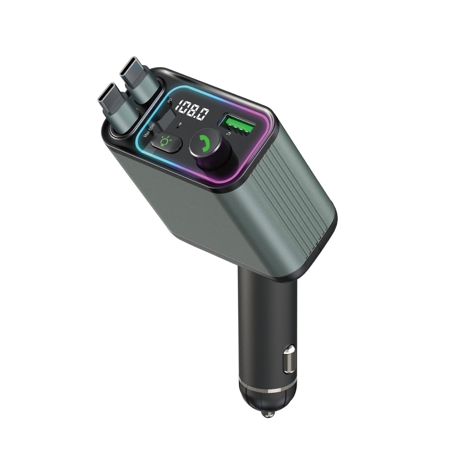 DSTAR - 3 in 1 Retractable Car Charger Adapter & FM Transmitter Bluetooth Mp3 Player- Max 65W + 18W with 2 PD Fast Charging,2 Retractable Cables & USB-A Music Playback for iPhone,iPad,Samsung,Pixel