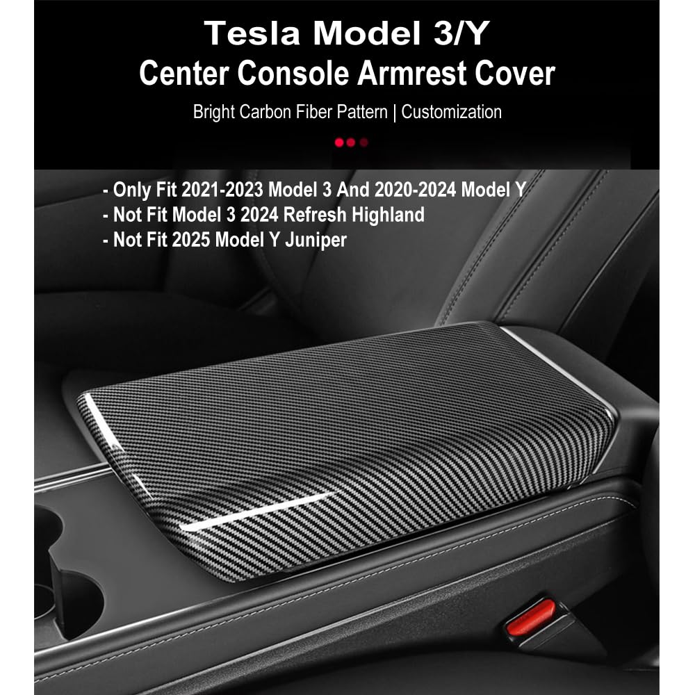 DSI - Center Control Armrest Cover for 2021-2023 Model 3 and 2020-2024 Model Y, Tesla Arm Rest Cover is Made of ABS Material with Carbon Fiber, Not TPE Or Leather (Bright Carbon Fiber Pattern)