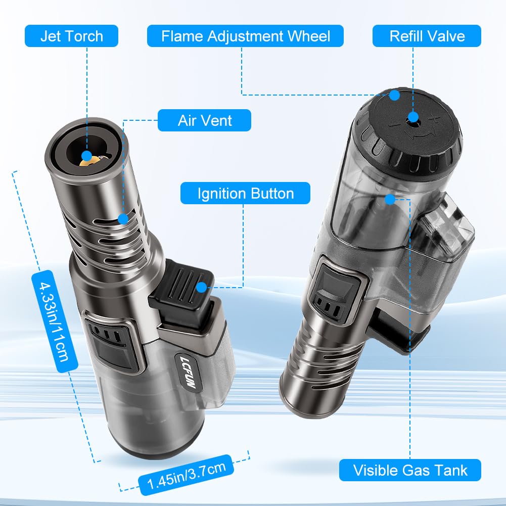 DSI - Torch Lighter 2 Pack Windproof Adjustable Single Jet Flame Butane Lighter Refillable Gas Lighter for Candle Camping Grill BBQ Fireplace (Butane Not Included)