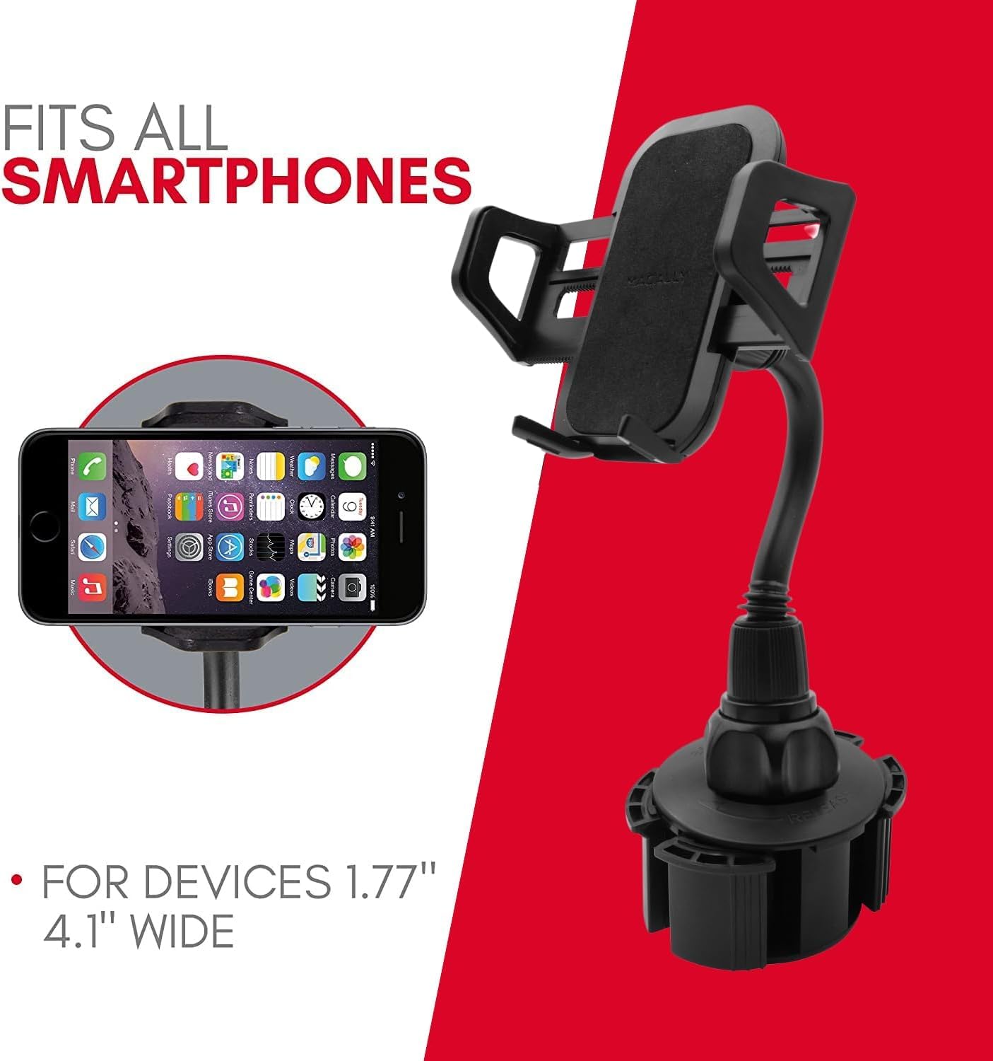 DSI - Car Cup Holder Phone Mount - Securely Holds Phones up to 4.1” Wide - Flexible Gooseneck & 360° Rotatable Cradle