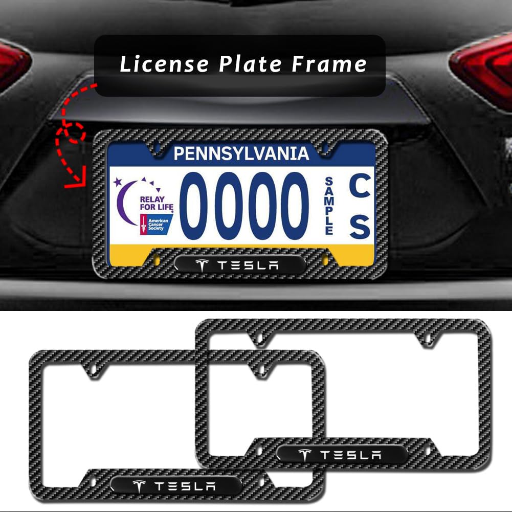 DSI - Carbon Fiber License Plate Frames for Tesla Model 3, Model Y, Model X, Model S, 2 Piece Weather Resistant Aluminum Alloy Black License Plate Holder with Screw Caps Cover