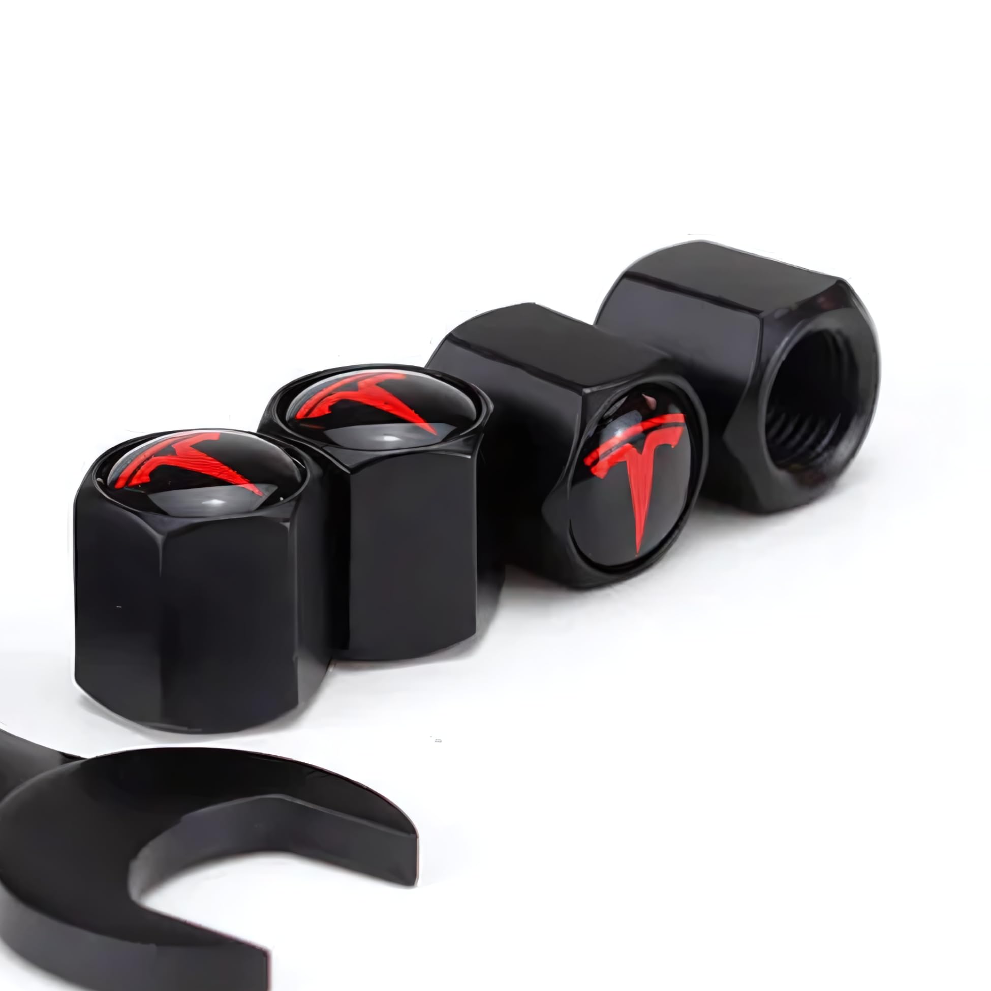 DSI - Red Tire Valve Stem Caps for Tesla Model 3, S, X, Y | Leakproof Aluminum Tire Valve Caps with Rubber O-Rings Compatible with Tesla Car Accessories | Tire Valve Stem Covers Tire Caps 4 Pack