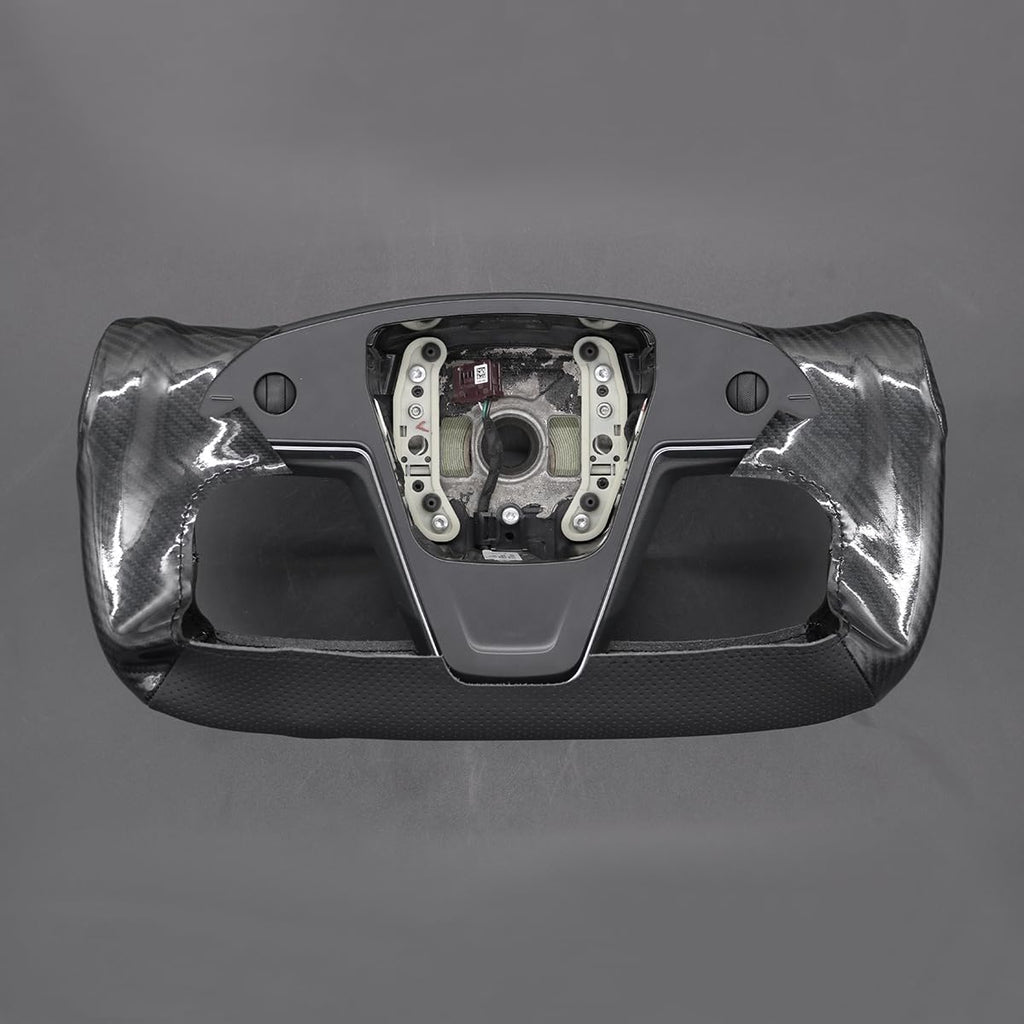DSI - Hand Stitch Black Genuine Leather Shiny Yoke Carbon Fiber Steering Wheel Cover Wrap for Tesla Model S Yoke Model X - (wrap only)