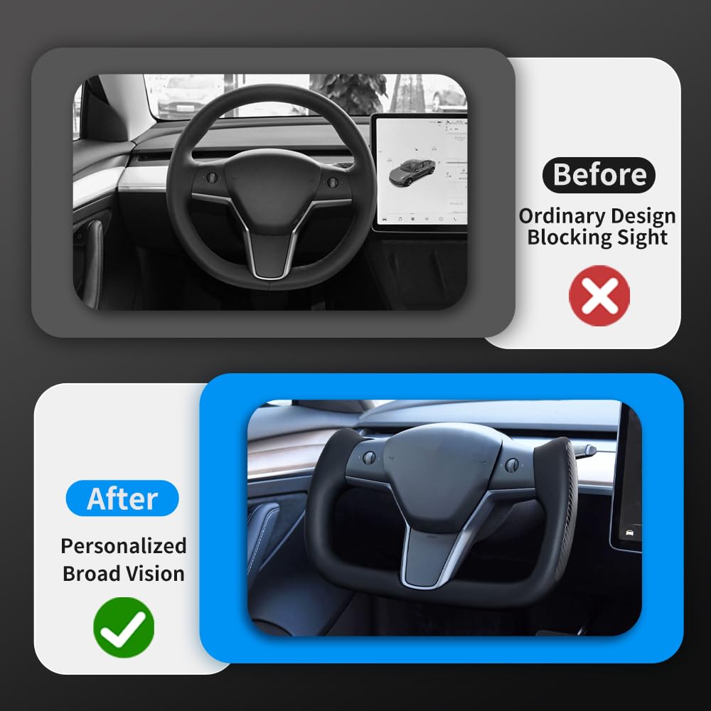 DSI - Yoke Steering Wheel, Black Microfiber Leather with Side Carbon Fiber for Tesla Model 3/Y 2017-2023 With Heating Function