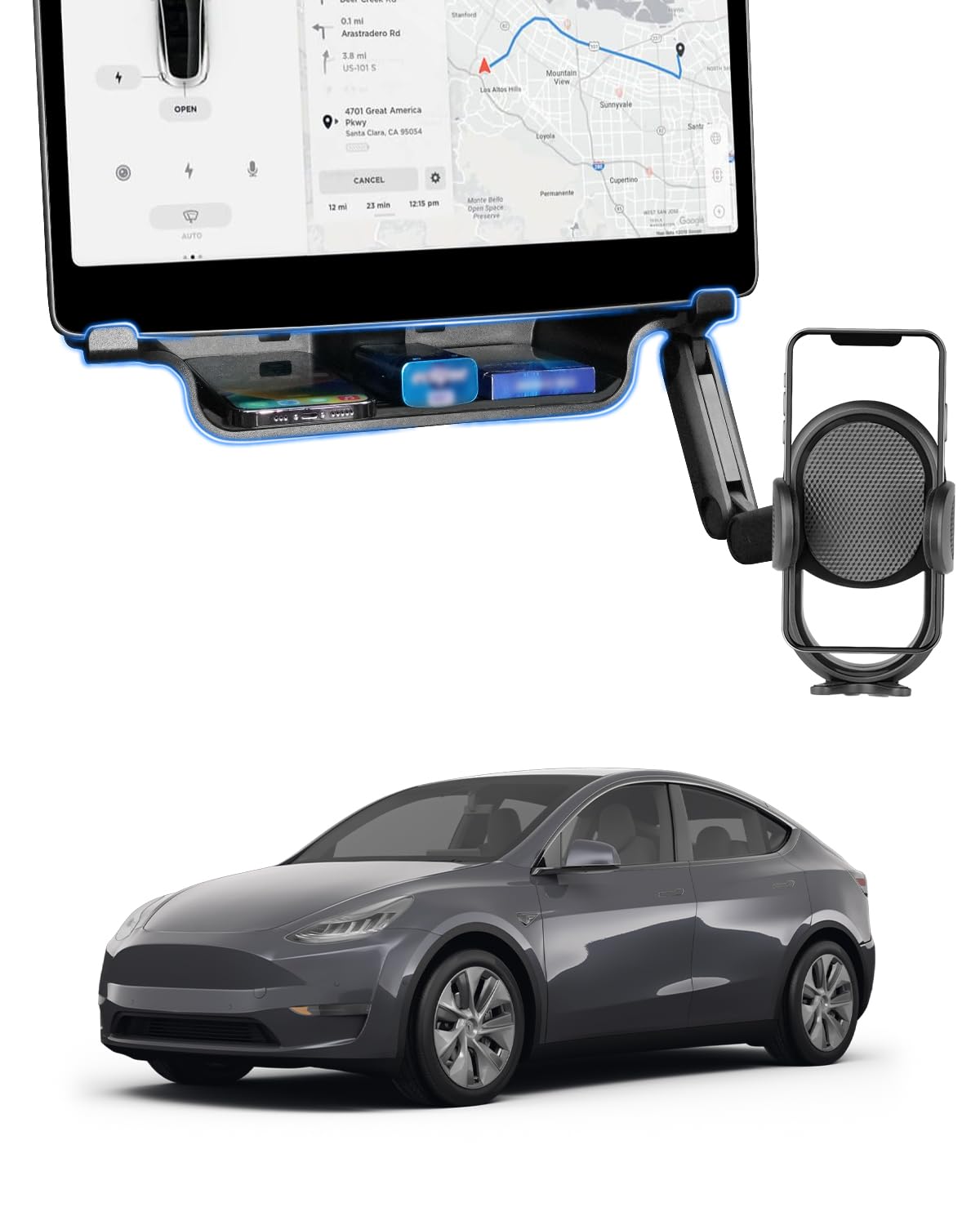 DSI - Under Screen Storage Tray with Phone Holder for Tesla Model 3/Model Y 2025 2024 2023 2022 2021 Center Console Organizer Storage Box Waterproof ABS Model 3 / Y Accessories Black 1PCS