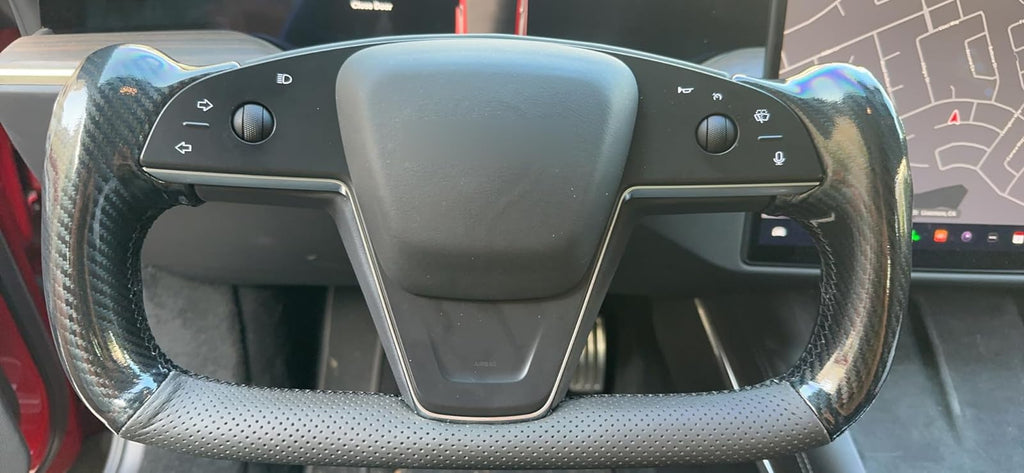 DSI - Hand Stitch Black Genuine Leather Shiny Yoke Carbon Fiber Steering Wheel Cover Wrap for Tesla Model S Yoke Model X - (wrap only)