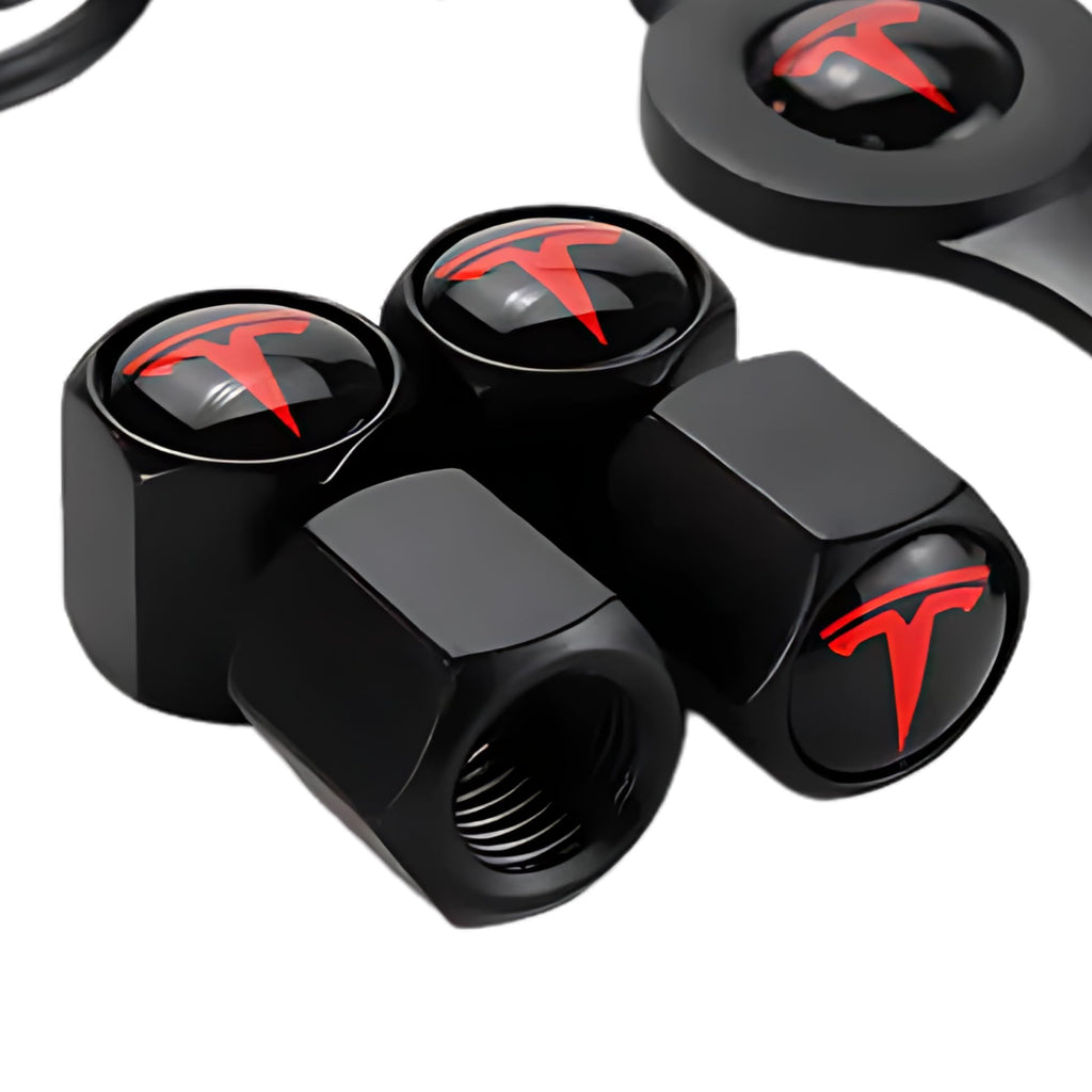 DSI - Red Tire Valve Stem Caps for Tesla Model 3, S, X, Y | Leakproof Aluminum Tire Valve Caps with Rubber O-Rings Compatible with Tesla Car Accessories | Tire Valve Stem Covers Tire Caps 4 Pack