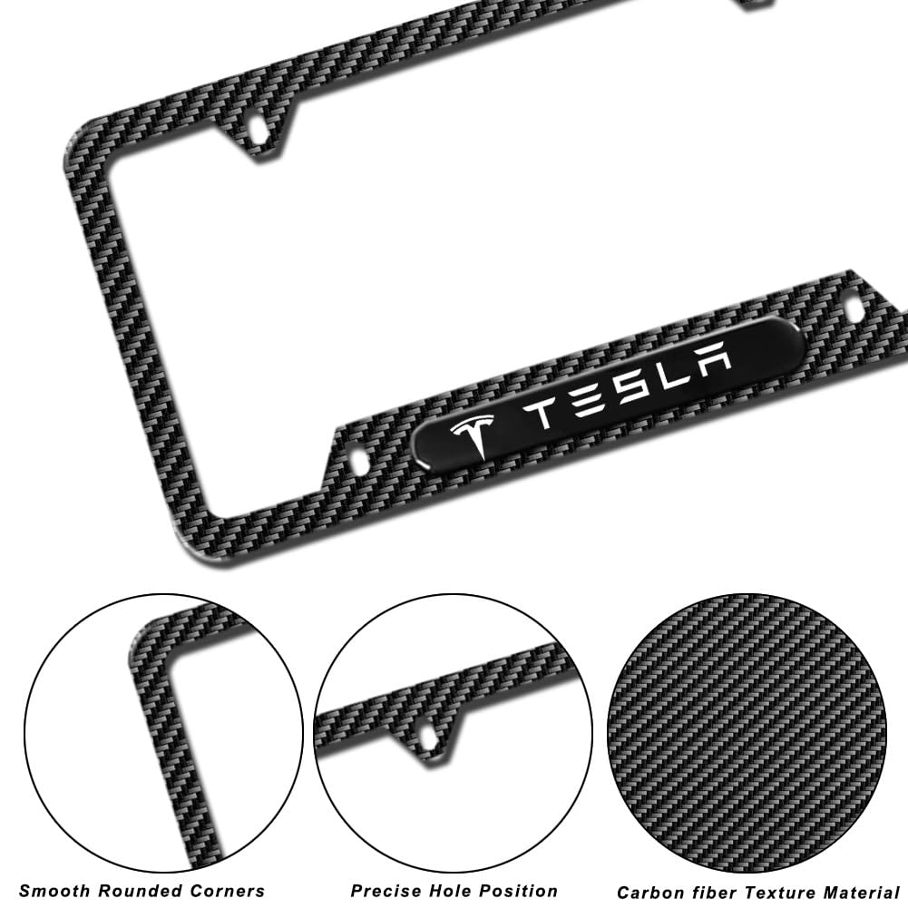 DSI - Carbon Fiber License Plate Frames for Tesla Model 3, Model Y, Model X, Model S, 2 Piece Weather Resistant Aluminum Alloy Black License Plate Holder with Screw Caps Cover