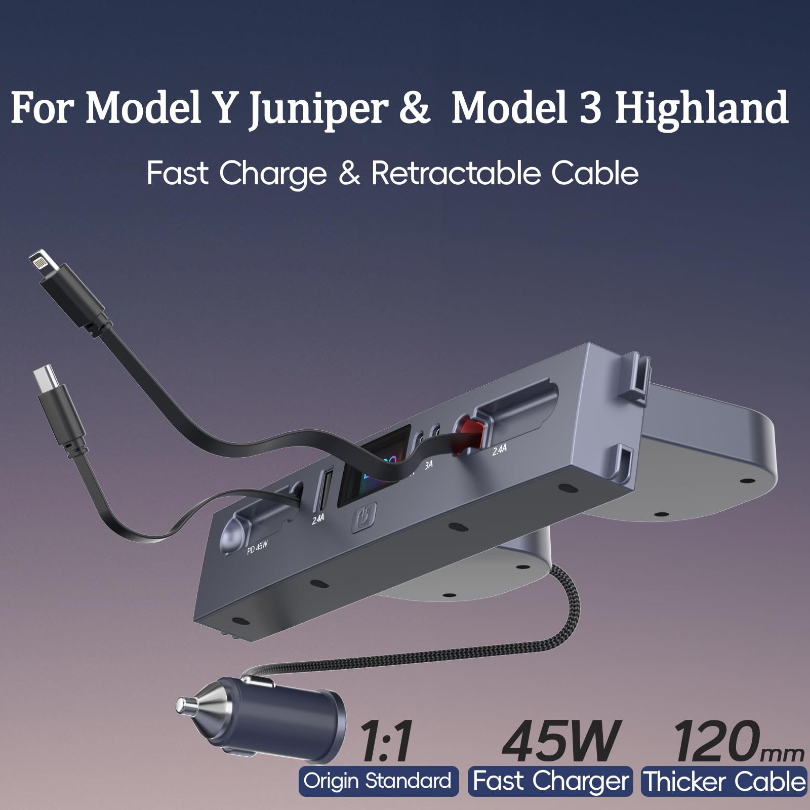 DSI - USB Hub for 2025 2026 Tesla Model Y Juniper 2024 2025 Tesla Model 3 Highland, Retractable Cable Fast Car Phone Charger, Tesla Center Console Accessories (Retractable Type-C & Lightning)
