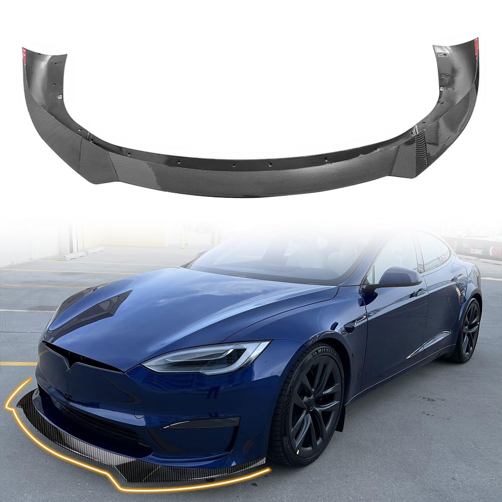 DSI - 2021-2025 Tesla Model S - Front Bumper Lip Spoiler, Fits all 2021-2025 Tesla Model S, PP Black with Carbon Fiber Print Track Pack Style Add-on Front Splitter Air Dam Chin Protector, (3 Piece)