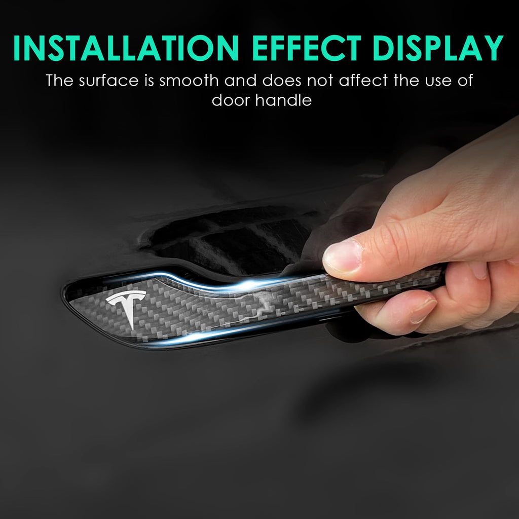 DSI - 4PCS Door Handle Cover Compatible with Tesla Model 3 (2019-2025) Highland Model Y (2020-2026) Juniper Real Carbon Fiber 3D Sticker Wrap Covers Exterior Trim Door Sill Protector Accessories (Black)