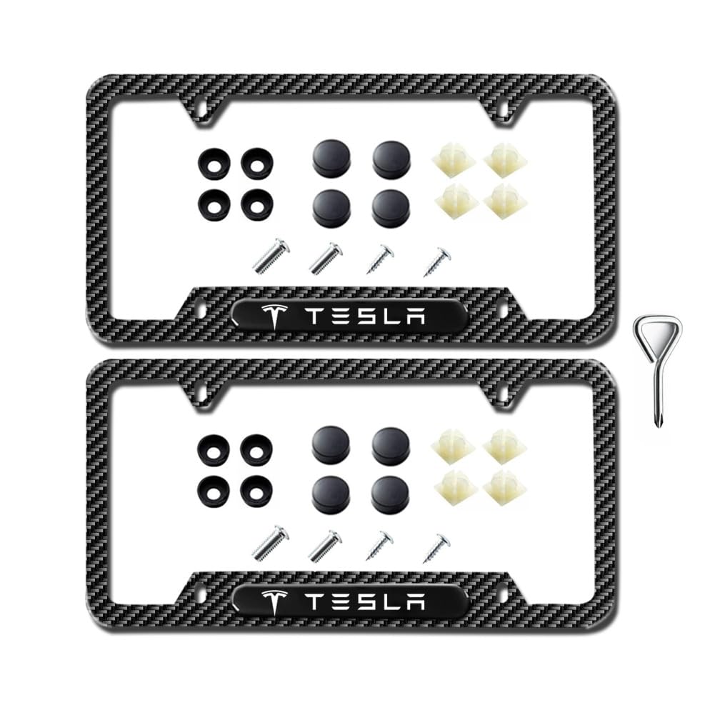 DSI - Carbon Fiber License Plate Frames for Tesla Model 3, Model Y, Model X, Model S, 2 Piece Weather Resistant Aluminum Alloy Black License Plate Holder with Screw Caps Cover