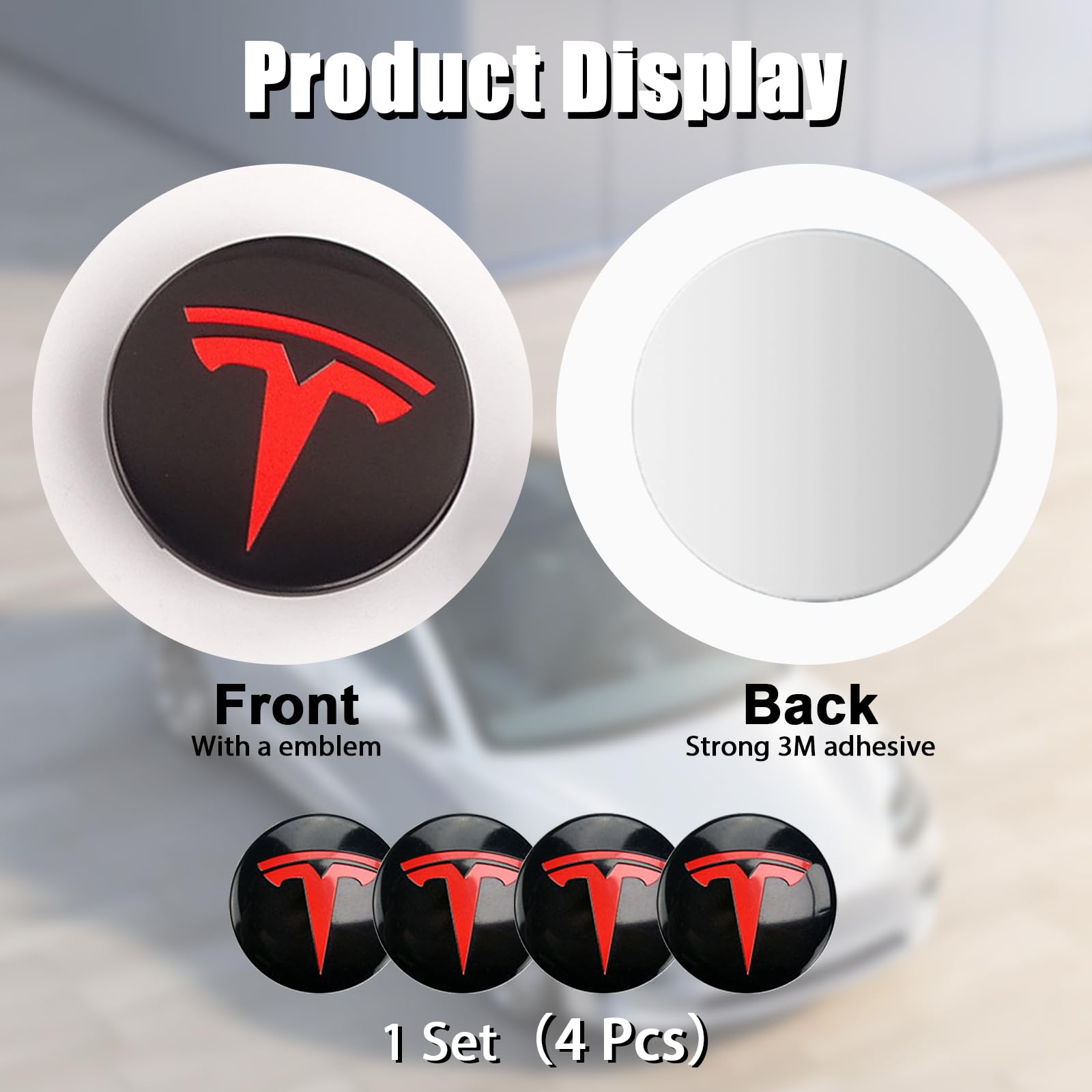 DSI - Wheel Cover Center Emblem Sticker for Tesla Model 3 Model Y Hubcaps Wheel Rim Cover Red Emblem & Gloss Black Background (4PCS) (Black& Red)