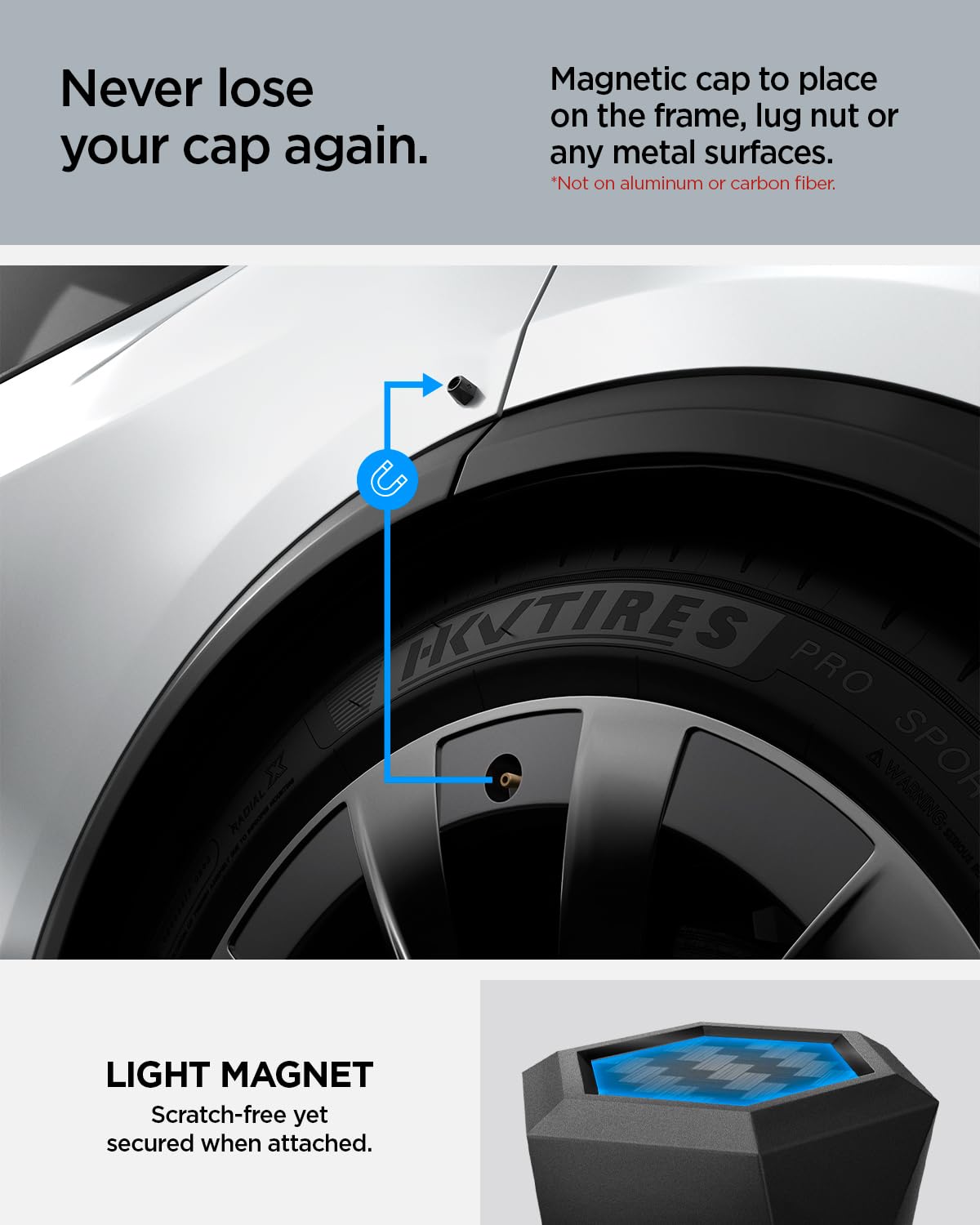 DSI - Magnetic Car Tire Valve Caps in Carbon Black (Never Lose, Fade Resistant) for Tesla Model Y, 3, S, X, Schrader Valve Stem Caps - 4 Pack