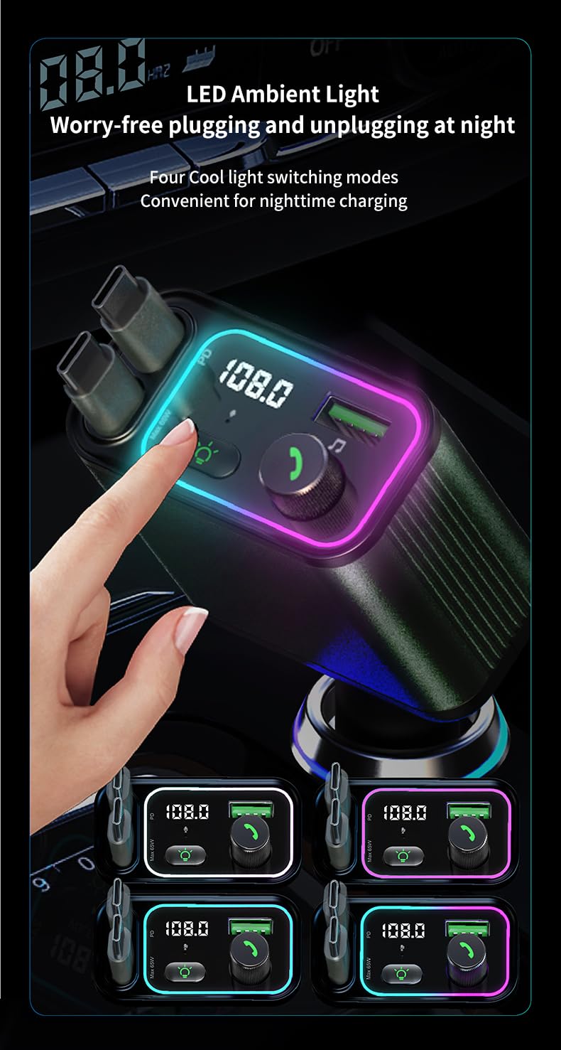 DSTAR - 3 in 1 Retractable Car Charger Adapter & FM Transmitter Bluetooth Mp3 Player- Max 65W + 18W with 2 PD Fast Charging,2 Retractable Cables & USB-A Music Playback for iPhone,iPad,Samsung,Pixel