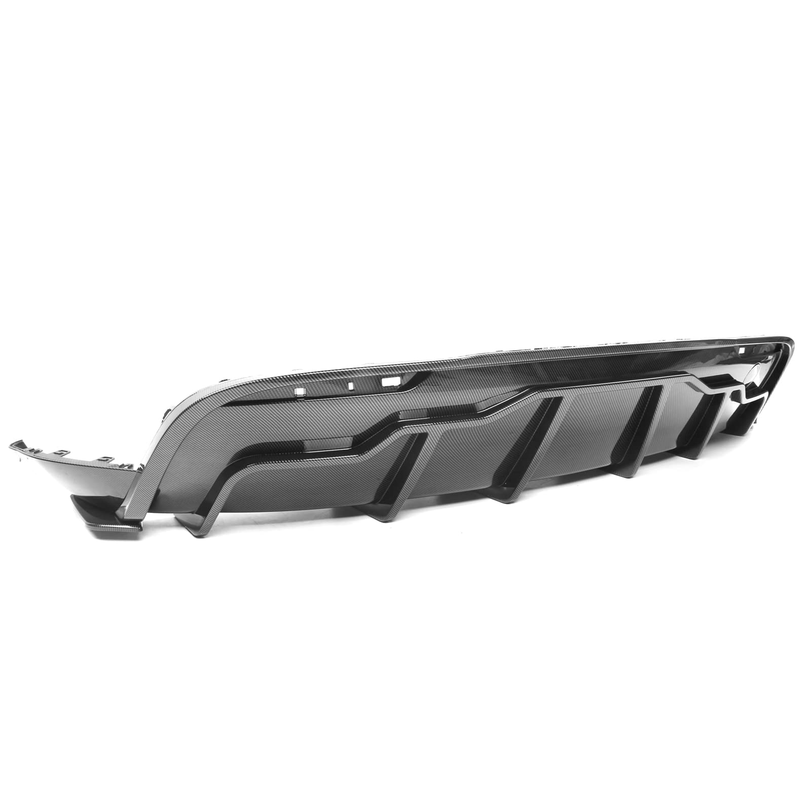 IKON MOTORSPORTS, Rear Diffuser Compatible with 2020-2024 Tesla Model Y, Carbon Fiber Print IKON Style PP Rear Bumper Lip Shark Fin Splitter Replacement 3PC, 2021