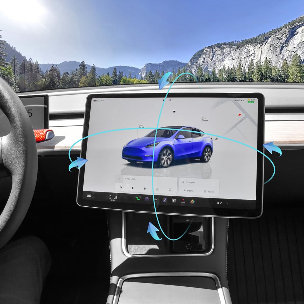 DSI - Screen Swivel Mount for Tesla Model Y 2019-2024 & Model 3 2017-2023 Left/Right 30° Up/Down 15° Rotating Four Directions Aluminum Alloy Tesla Screen Rotating Bracket