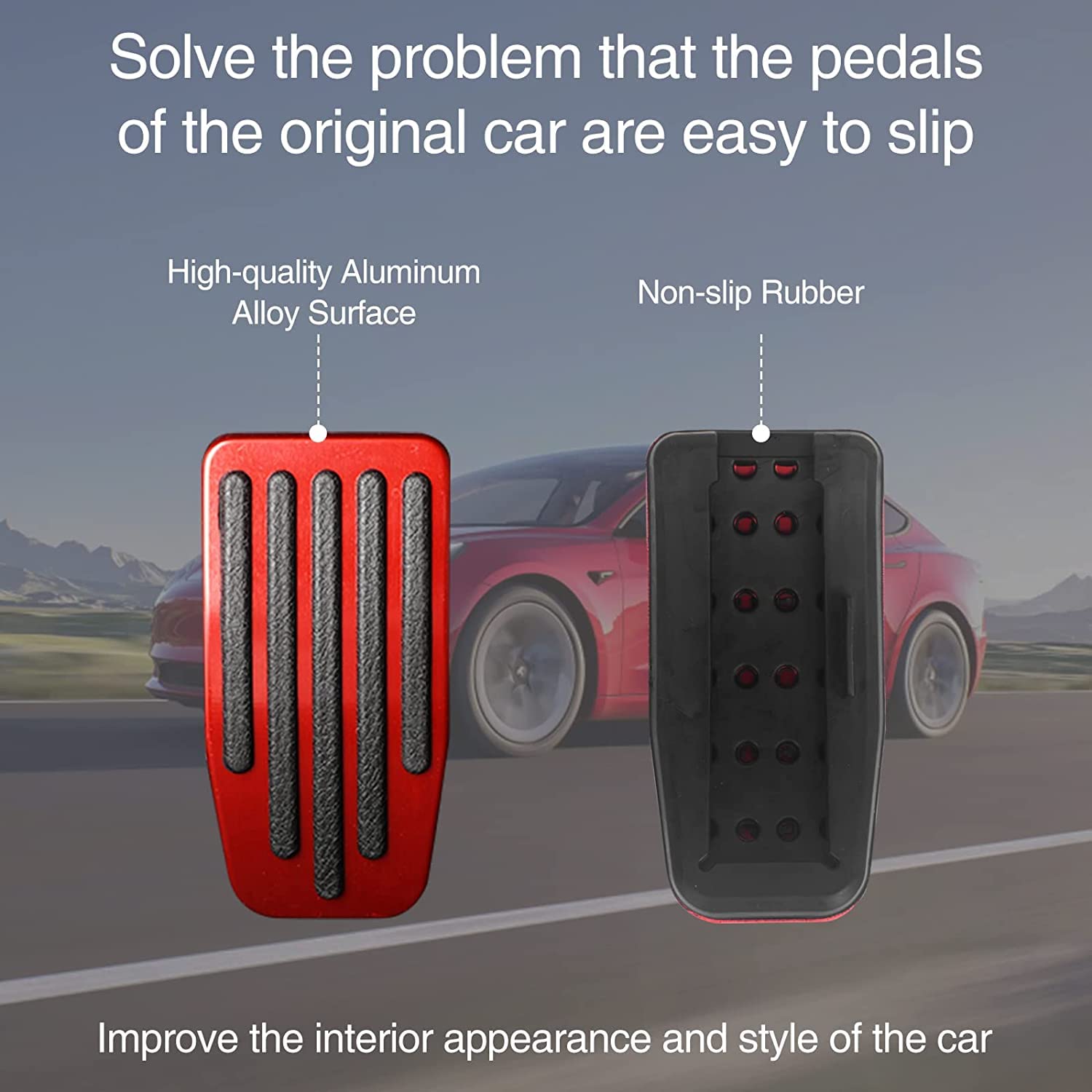 DSI - Foot Pedal Pads Set for Tesla Model 3 Model Y, Non-Slip Performance Aluminum Car Accessories Brake & Accelerator Pedal Covers for Model 3/Y (Red)