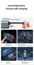 DSTAR - 3 in 1 Retractable Car Charger Adapter & FM Transmitter Bluetooth Mp3 Player- Max 65W + 18W with 2 PD Fast Charging,2 Retractable Cables & USB-A Music Playback for iPhone,iPad,Samsung,Pixel