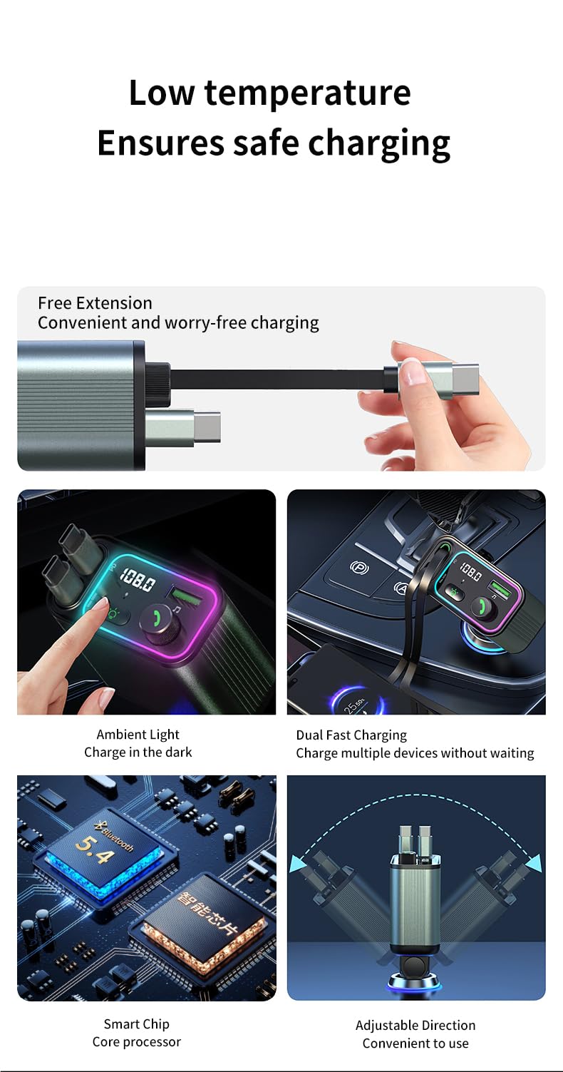DSTAR - 3 in 1 Retractable Car Charger Adapter & FM Transmitter Bluetooth Mp3 Player- Max 65W + 18W with 2 PD Fast Charging,2 Retractable Cables & USB-A Music Playback for iPhone,iPad,Samsung,Pixel