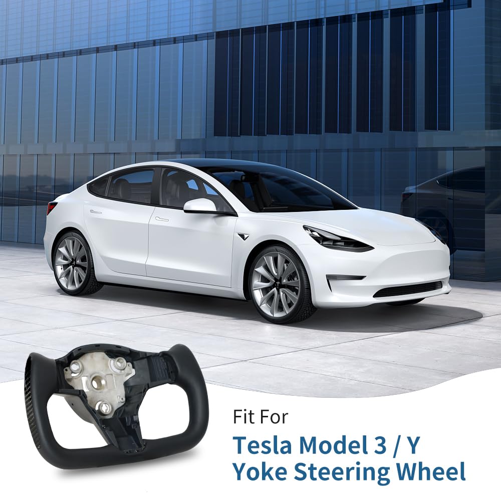 DSI - Yoke Steering Wheel, Black Microfiber Leather with Side Carbon Fiber for Tesla Model 3/Y 2017-2023 With Heating Function