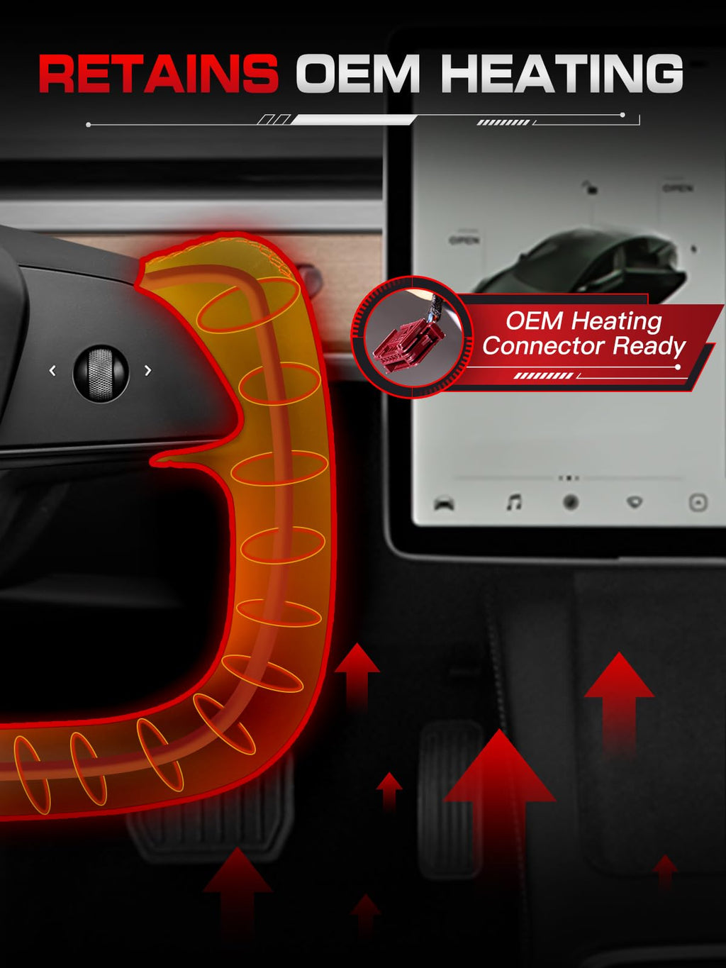 DSI - Heated Yoke Steering Wheel for Tesla Model 3 2017–2023, for Tesla Model Y 2020–2024, Black Nappa Leather DSI - WHEEL with Red Center Stripe, Hand-Stitched, 1:1 Factory Fitment