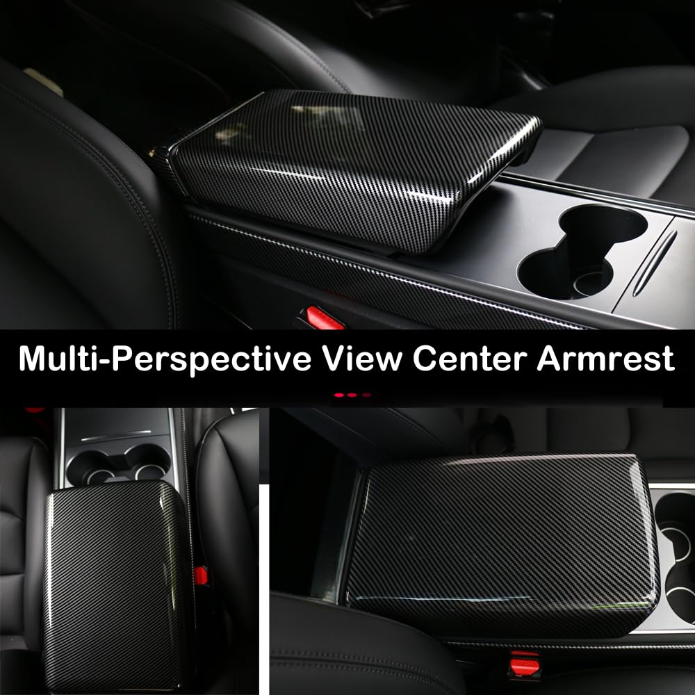 DSI - Center Control Armrest Cover for 2021-2023 Model 3 and 2020-2024 Model Y, Tesla Arm Rest Cover is Made of ABS Material with Carbon Fiber, Not TPE Or Leather (Bright Carbon Fiber Pattern)