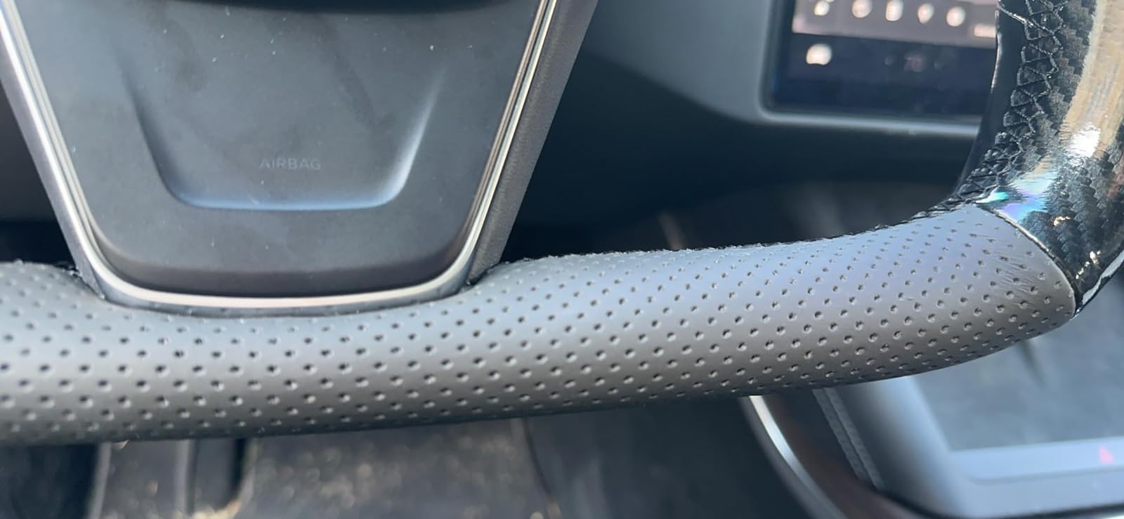 DSI - Hand Stitch Black Genuine Leather Shiny Yoke Carbon Fiber Steering Wheel Cover Wrap for Tesla Model S Yoke Model X - (wrap only)