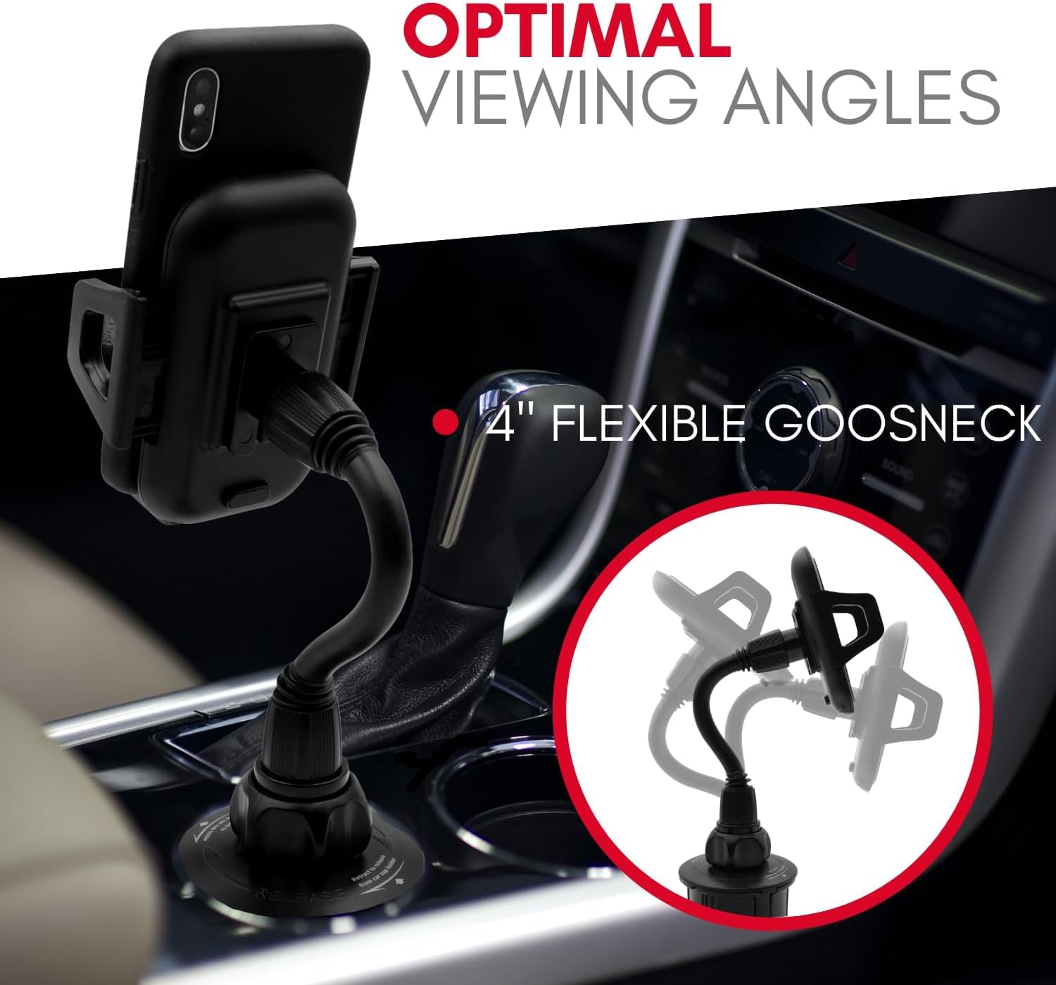 DSI - Car Cup Holder Phone Mount - Securely Holds Phones up to 4.1” Wide - Flexible Gooseneck & 360° Rotatable Cradle