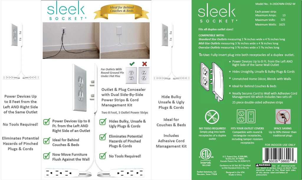 DSI - Sleek Socket Original & Patented Ultra-Thin Outlet Concealer with Cord Concealer Kit, Flat Extension Cord with Multi Outlets Power Strip, Ideal for Home Improvement, Hide Bulky and Messy Cords