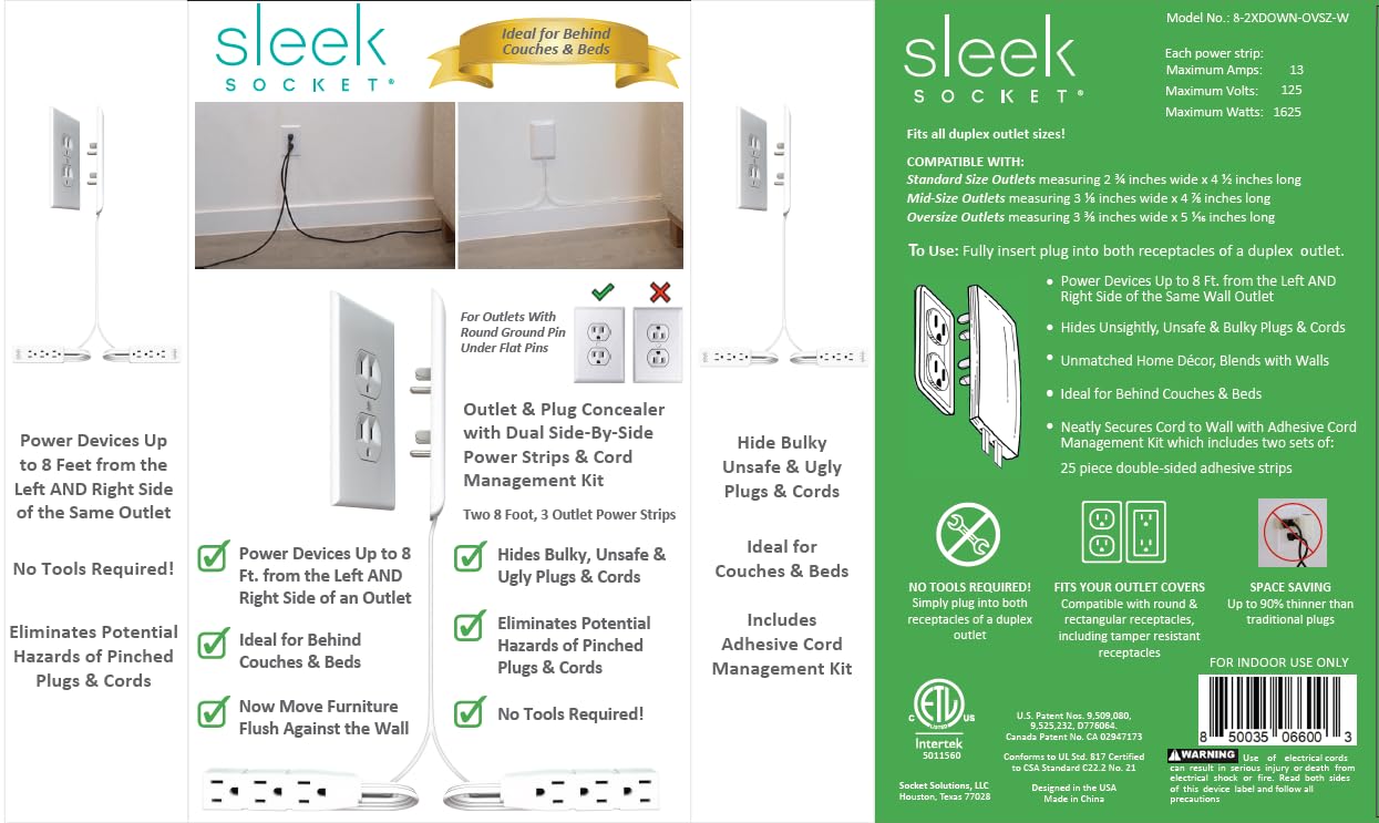 DSI - Sleek Socket Original & Patented Ultra-Thin Outlet Concealer with Cord Concealer Kit, Flat Extension Cord with Multi Outlets Power Strip, Ideal for Home Improvement, Hide Bulky and Messy Cords