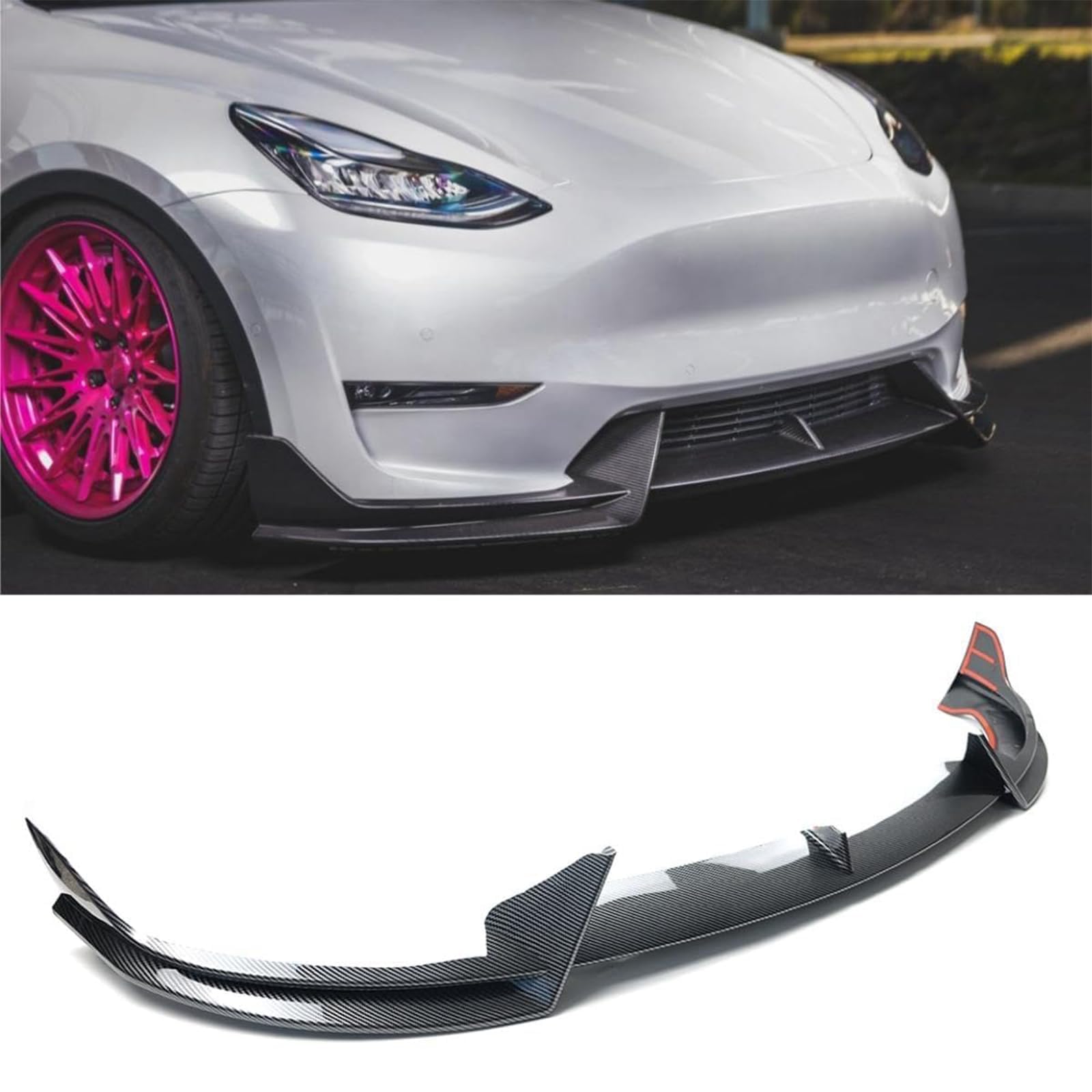 DSI - Front Lip 3Pcs Compatible with for Tesla Model Y 2020 2021 2022 2023 2024 V Style Front Bumper Lip Splitter Spoiler (Carbon Fiber Print)