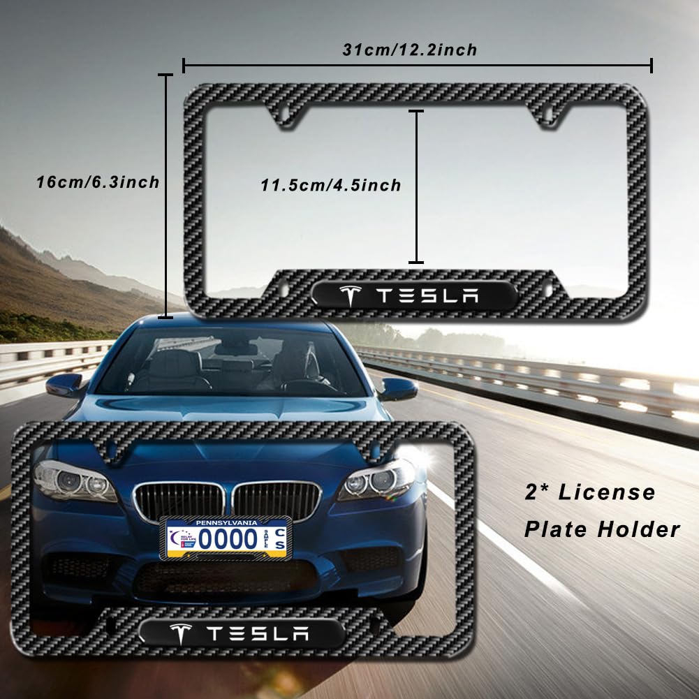 DSI - Carbon Fiber License Plate Frames for Tesla Model 3, Model Y, Model X, Model S, 2 Piece Weather Resistant Aluminum Alloy Black License Plate Holder with Screw Caps Cover