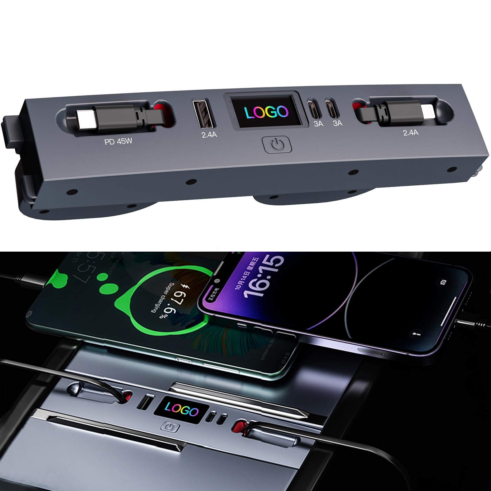 DSI - USB Hub for 2025 2026 Tesla Model Y Juniper 2024 2025 Tesla Model 3 Highland, Retractable Cable Fast Car Phone Charger, Tesla Center Console Accessories (Retractable Type-C & Lightning)