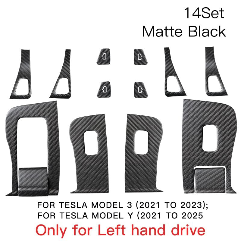 DSI - COMPLETE INTERIOR KIT - 14pcs Carbon Fiber Car Window Glass Lift Button Trim Switch Cover for Tesla Model 3 (2021-2023) Model Y (2021-2024) Door Armrest Panel Cover(for New Model 3/Y, Matte Black)