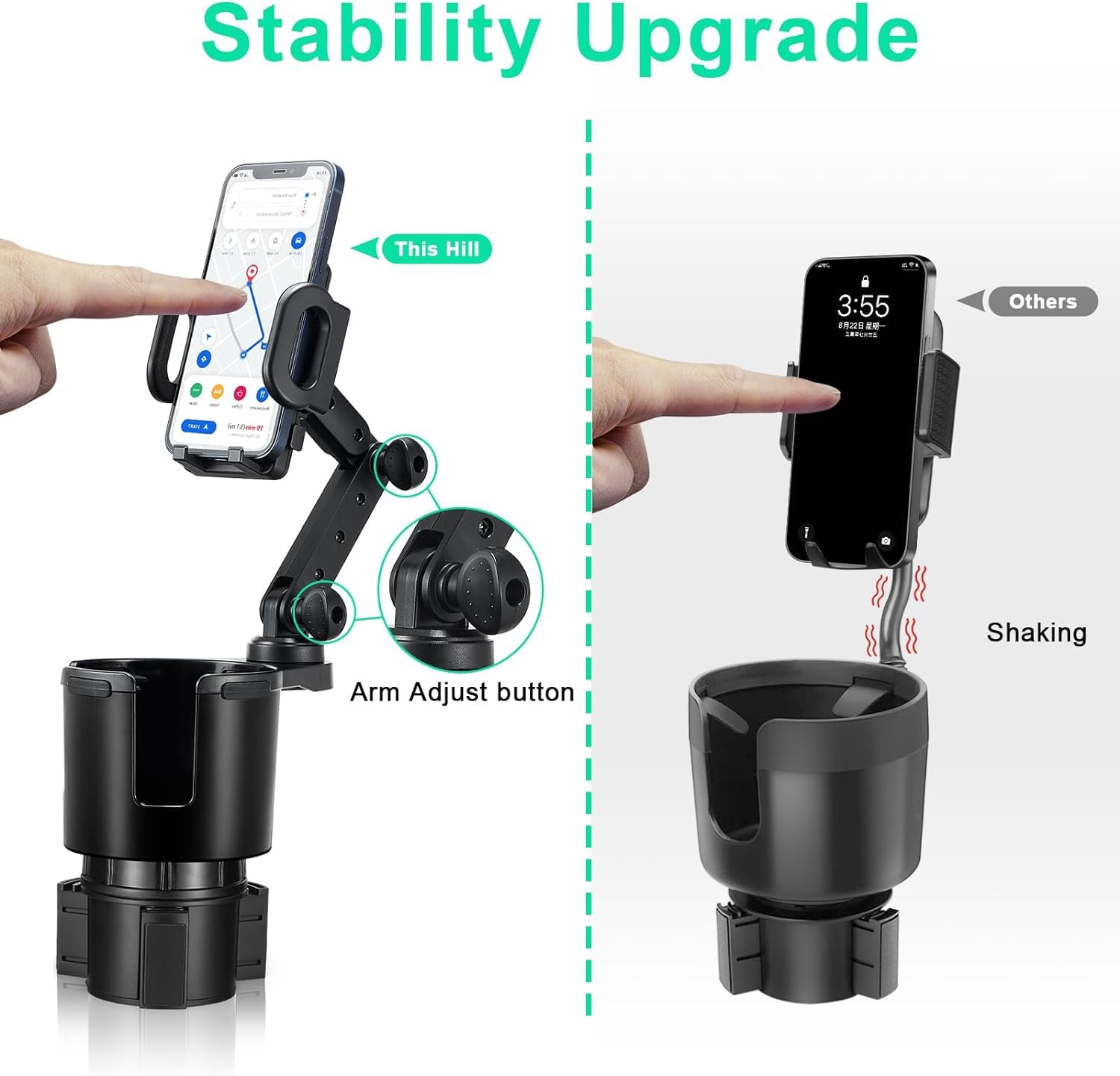 DSI - Car Cup Holder Expander Adjustable Base with Phone Mount 360° Rotation Cup Holder Cell Phone Holder for Car Compatible with iPhone All Smartphones