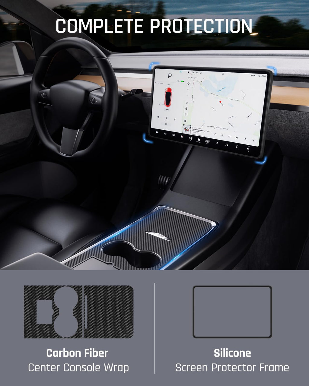 DSI - Real Carbon Fiber Rear Spoiler Wing with Center Console Wrap Cover Kit Screen Protector Frame Compatible for 2021-2024 Tesla Model Y Glossy Black (Set of 3)