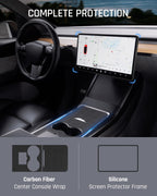 DSI - Real Carbon Fiber Rear Spoiler Wing with Center Console Wrap Cover Kit Screen Protector Frame Compatible for 2021-2024 Tesla Model Y Glossy Black (Set of 3)