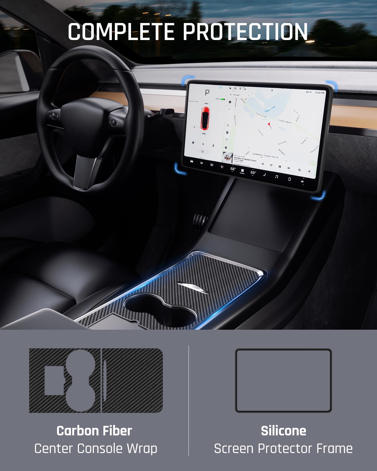 DSI - Real Carbon Fiber Rear Spoiler Wing with Center Console Wrap Cover Kit Screen Protector Frame Compatible for 2021-2024 Tesla Model Y Glossy Black (Set of 3)