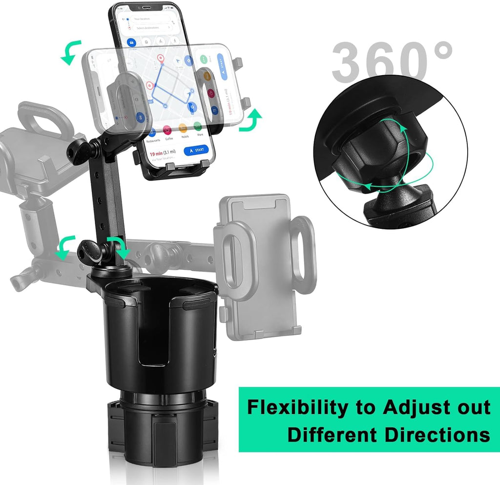 DSI - Car Cup Holder Expander Adjustable Base with Phone Mount 360° Rotation Cup Holder Cell Phone Holder for Car Compatible with iPhone All Smartphones