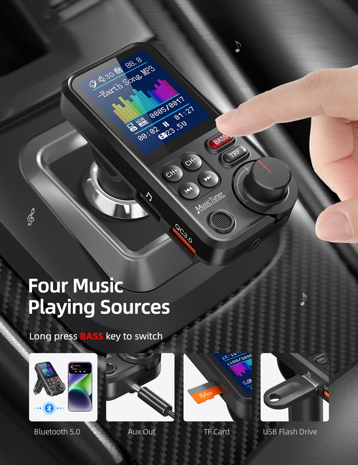 DSTAR - Bluetooth Car Adapter 1.8" Color Screen Strong Mic, QC3.0 Fast Charger Wireless FM Radio Transmitter with Treble & Bass Sound Music Player, Hands-Free Calls, Supports AUX/TF Card/USB Drive